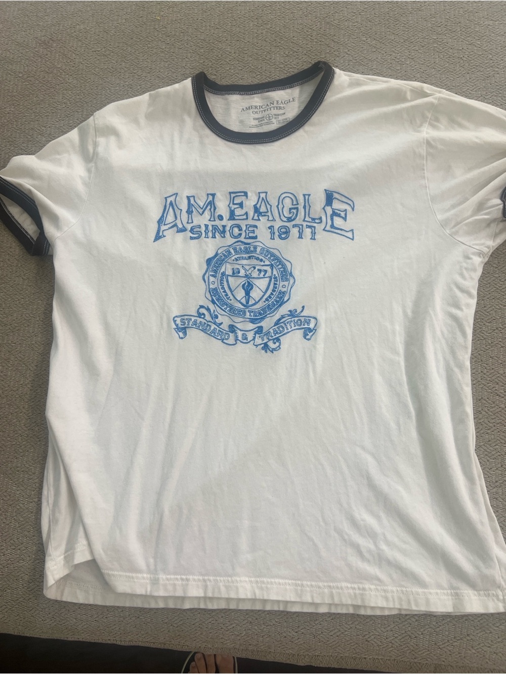 American Eagle Outfitters White Tee with Blue Crest Graphic and Ringer Trim